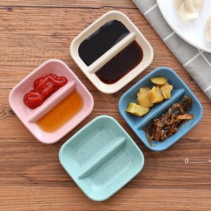 Wheat Straw 2 Grids Salad Dish Spices Seasoning Jam Plate Solid Color Tabletop Plates Hotel Kitchen Restaurant Tableware RRE10652