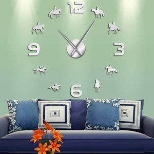 競馬 DIY 巨大な壁時計競走馬乗馬シルエット壁アート装飾フレームレスミラー効果壁時計ギフトジョッキー X0726