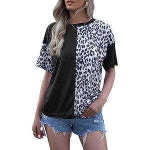 Verão leopardo retalhos t-shirt mulheres moda o-pescoço manga curta plus size senhoras tops casuais tamanho grande camiseta femme 210608