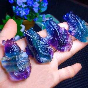 Natural Rainbow Fluorite Carved Crystal Goldfish Pendant Charm 30Pcs Wholesale Realistic Carving Genuine Rock Semi Precious Gemstone Drilled Fish Figurine Bead