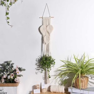 Macrame växthängare inomhus hängande planterkorg med träblad dekoration blomma potten hållare tofsar för boho inomhus utomhus 210615