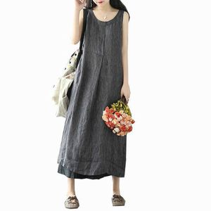 Summer Women Maxi Dress Loose Casual Striped Clothes For Sleeveless O-neck Plus Size Vintage linen Ladies Long Dresses Y0823