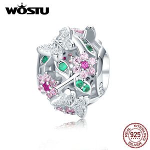 Wostu Real 925 Sterling Silver Butterfly Blommor Pärlor Rosa Zircon Fit Original Armband Hängsmycke Charm Smycken Gör CTC116 Q0531