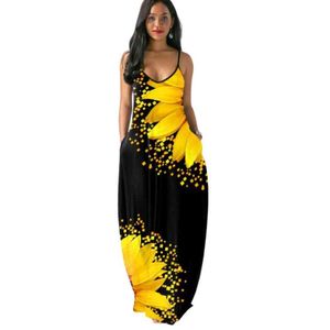 Ayçiçeği Baskı Uzun Maxi Elbise Kolsuz Kadınlar Yaz Seksi V Yaka Siyah Strappy Elbise Açık Geri 3XL 4XL 5XL Vestido De Verano X0521