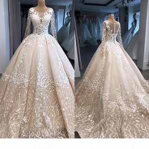 Abiti colorati Splendide maniche lunghe Applicazioni in pizzo Scollo rotondo Sweep Train Corsetto Indietro Abito da sposa su misura Vestido De Novia