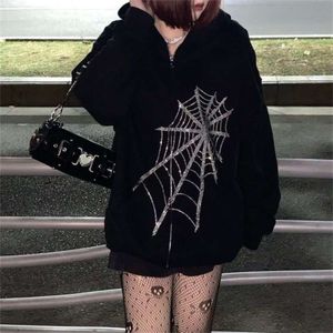 Gothic Schwarz Strass Punk Mit Kapuze Frauen Fee Grunge Dark Academia Jacke Mantel Harajuku Zipper Sweatshirts Emo Alt Kleidung 210928