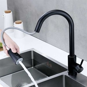 Torneira de cozinha único buraco puxar para fora spout mixer mixer tap stream pulverizador cabeça de aço inoxidável pintura de cozimento / mixer preto toque 211108