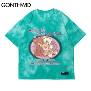 GONTHWID Magliette Streetwear Harajuku Cartoon Bears Tie Dye Manica corta Magliette Camicie Streetwear Hip Hop Casual Cotone Allentato Magliette e camicette C0315