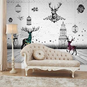 Wholesale deer wall mural wallpaper for sale - Group buy Wallpapers Custom D Po Murals Hand Painted Cartoon Elk Deer White Brick Wallpaper Kids Bedroom Living Room Kitchen Backdrop Wall Decor