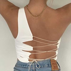 Novo 2021 Mulheres Sexy Crop Tanks Top Casual Sem Mangas Um Ombro Cor Sólida Corrida Out Lace Up Camisole Colete Summer Y0824