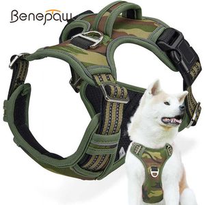 大型ミディアム犬のためのベンポの戦術的な引っ張りハーネス耐久性のある頑丈な迷彩の反射ペットハーネスベストコントロールハンドル210712