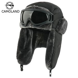 Inverno Bomber-À Prova D 'Água Chapéus Earflap Ushanka Russo Com Óculos De Óculos De Óculos de Japão Feminino Piloto Chapéu Faux Pele Thermal Snow Caps