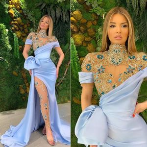 Luxury Crystal Evening Dress Illusion High Neck Short Sleeve Prom Klänningar Sida Split Mermaid Celebrity Pageant Gown Robe de Soiree