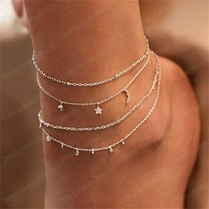 Stern-Mond-Fußkettchen für Damen, goldfarben, mehrschichtig, Kristall-Knöchelkette, Fußarmband am Bein, modischer Strandschmuck