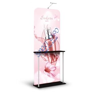 Advertising Display Tension Fabric Floor Banner Stand with Shelf Rack Portable Carry Bag Single Graphic Printing