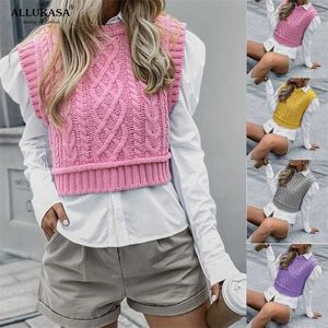 Frauen Casual Za Rollkragen Rosa Gestrickte Pullover Weste Herbst Chic Dame Ärmellose Pullover Mädchen Nette Jumper 211011