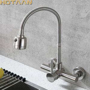 Wall Mounted Stream Sprayer Kitchen Faucet Single Handle Dual Holes SUS304 Stainless Steel Flexible Hose Kitchen Mixer Taps 6032 210724