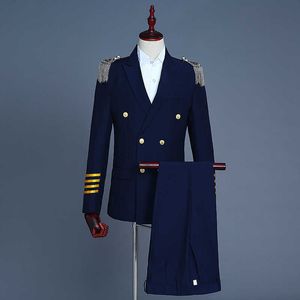 キャプテン役員セーラーピーコート衣装メンズブレザースーツ軍事フリンジマーチングバンドジャケット制服用大人コートパンツ X0909