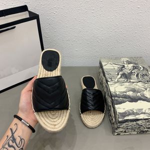 Women Leather Espadrille Sandal Slide Designer Sandal High Quality Real leather Cord Platform Double Hardware Outdoor Beach Slides with Box