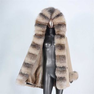 CXFS Waterproof Winter Jacket Women Real Fur Coat Natural Real Fox Raccoon Fur Hooded Long Parkas Outerwear Detachable 210927