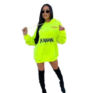 Ins Neon Green Letter Stampa Stampa Impugnata con cappuccio Grande Felpa con cappuccio Casual Top For Donne Manica lunga Caduta Inverno Vestiti BF Style Cool Girl 210525