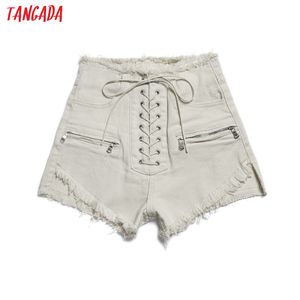 Tangada women stylish summer denim shorts lace up high waist pockets female casual streetwear white short jeans pantalone 210301