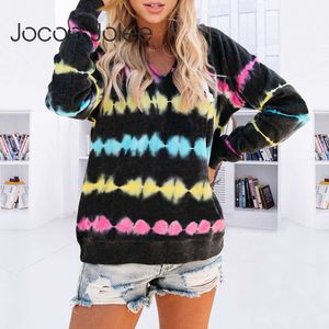 Jocoo Jolee Autumn Long Sleeve Tie Dye Hoodies Casual V-neck Hooded Sweatshirts Plus Size Harajuku Pullover Ladies Tops 210619