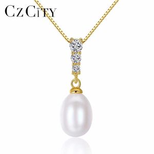 CZCITY Natural Freshwater 8-9mm White Pink Purple Pearl Silver Chain Necklace for Women Cubic Zirconia Pendant Fine Jewelry Gift