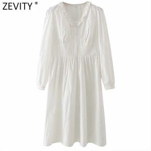 Zevity Frauen Süße Agaric Spitze Kragen Dekoration Casual Kleid Weibliche Prairie Chic Puff Sleeve Vestido Falten Kleidung DS4942 210603