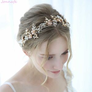 Jonnafe 2019 Delicate Gold Floral Leaf Headpiece Bridal Hair Crown Vine Crystal Wedding Headband Tiara Women Hair Jewelry X0625