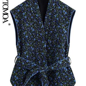 KPYTOMOA Women Fashion With Belt Floral Print Thin Padded Waistcoat Vintage V Neck Sleeveless Female Outerwear Chic Veste 211123