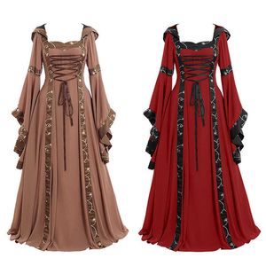 Medieval Renaissance Dress Bandage Flarage Manga Elegante Com Capuz Noite Vestidos Vestidos Victorian Halloween Cosplay Costume Y0903