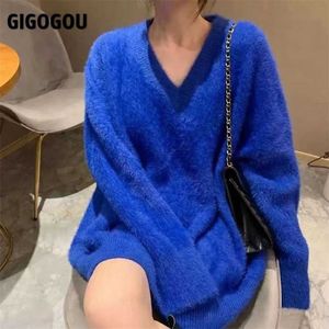 Gigogou Luksusowy Mink Kaszmirowy Sweter damski Chic Oversized Luźne dzianiny Pullover Kobiety V Neck Zimowe Grube Ciepłe Swetry świąteczne 211018