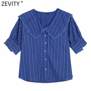Zevity Women Vintage Striped Print Blouse T Shirts Kvinnor Peter Pan Collar Lace Decoration Chic Office Femininas Blusas Tops LS9302 210603