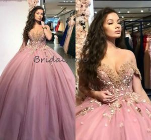 Princess Rose Pink Ball Suknia Quinceanera Dresses 2021 Sexy Off The Ramię Tulle Sweet 16 Dress Applique Beaded Prom Pageant Dress