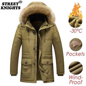 남자 겨울 재킷 파카 코트 모피 칼라 패션 두꺼운 면화 따뜻한 양모 리너 자켓 캐주얼 대형 7XL 210910