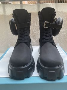 Modig kvinnors högsta spets upp tjocka solade stövlar! Mode Kvinnor Svart Matt Leather Boot Martin Nylon Väska Bare Stövlar Lyxig designer Skor Storlekar 35-41