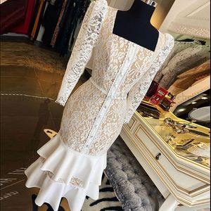 Champagne Vit Lace Arabisk Saudiarabisk Kort Prom Klänning Långärmad Kvadratisk Neck Custom Size Vestidos Gala Sexig Robes Evening Dress