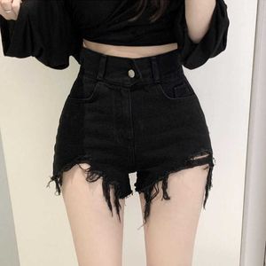 Womengaga Koreanska hög midja tunna ritning hål tofs solid färg denim shorts trend kvinnor sexig svart n9o3 210603