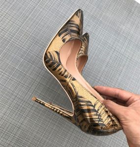 Fashion Bronze Print Banana Leaf High Heeled Shoes Women's Thin Heel Pointed Shallow Mouth Nightclub Party Shoe 12cm 10cm 8cm Size 33-45 Box+dust Bag