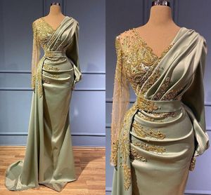 Plus Storlek Arabiska Aso Ebi Mermaid Prom Klänningar 2022 Beaded Sequins Stain Long Sleeve Evening Formell Party Andra mottagningsbyxor