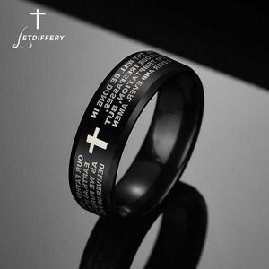 Letdiffery Stainless Steel Black Color Jesus Cross Ring Letter Bible Prayer Finger Rings for Men 8mm Amulet Jewelry