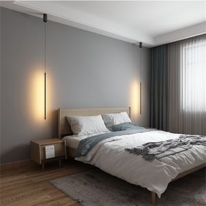 Modernt sovrum säng leddmycke lampor vardagsrum TV vägg dekor lysdioder pendlar lampa geometri line remsa hängande ljus armaturer