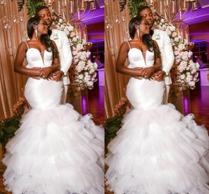 African Plus Size Mermaid Wedding Dresses Spaghetti Straps Lace Applique Floor Length Tiered Tulle Dubai Arabic Wedding Dress Bridal Gowns