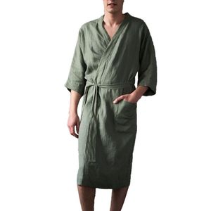Men's Sleepwear Short Sleeved Linen Pajamas Robe Long Bathrobes Long-sleeved Bath Male Home Solid Color Thickening Dressing Gown 8.7