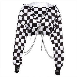 Mulheres xadrez Casual Streetwear Moletom Com Capuz Crop Crop Top Jumper Pullover Corrente Costura Curta Solta Moletom Camisa Xadrez Y1118
