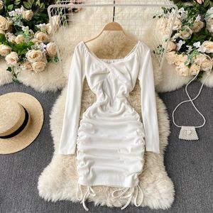 White Black Cross V-neck Long Sleeve Mini Bodycon Dress Women Spring Fashion Slim Knitting Drawstring Ruched Club Party Vestidos Y0603