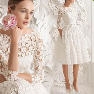 A-Linie-Cocktailkleid 2022, elegante Spitze, kurzes Kleid für besondere Anlässe, U-Ausschnitt, knielang, lange Ärmel, einfache formelle Braut