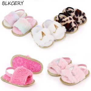 Newborn Baby Sandalet Fashion Faux Fur Toddler Pink Shoes for Summer Sandles Infant Slippers Princess Girls Flats Shower Gifts
