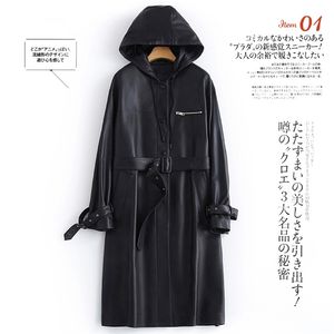 Lautaro Autumn Black Long Leather Trench Coat for Women with Hood Long Sleeve Belt Spring Waterproof Pu Leather Raincoat 211110